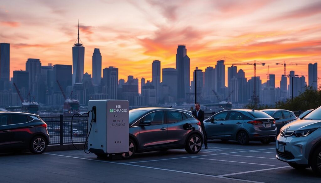 A bustling city skyline at dusk, with the silhouettes of skyscrapers and cranes against a vibrant orange and purple sky. In the foreground, a sleek, modern electric vehicle is being charged by the "BEE CHARGED EV MOBILE CHARGING" service, its driver waiting patiently nearby. The mobile charging unit is compact, with a bold, eye-catching design that blends seamlessly into the urban landscape. Nearby, other electric vehicles are parked, their owners taking advantage of the convenient, on-the-go charging solution. The scene conveys the efficiency, accessibility, and eco-friendly benefits of mobile EV charging, inviting the viewer to explore this innovative service further.