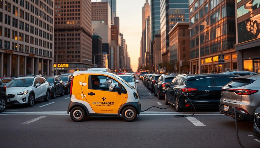 A bustling city street at dusk, with the iconic skyscrapers of Manhattan as a backdrop. In the foreground, a sleek and modern "BEE CHARGED EV MOBILE CHARGING" vehicle stands prominently, its vibrant bee-inspired branding catching the eye. The vehicle's compact design and dynamic lines suggest its agility and efficiency. Surrounding it, a diverse array of electric vehicles are plugged in, their owners taking advantage of the convenient mobile charging solution. The scene is bathed in a warm, golden light, creating a sense of comfort and accessibility. The overall atmosphere conveys the benefits of this innovative service, making electric vehicle ownership more practical and seamless for the city's residents.