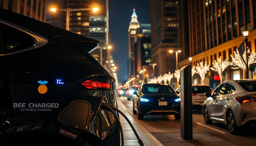 A bustling city street at night, the glow of streetlamps casting a warm hue over the scene. In the foreground, a sleek and modern electric vehicle with the "BEE CHARGED EV MOBILE CHARGING" logo prominently displayed. The vehicle's charging port is open, and a robust cable extends from it, connecting to a discreet charging station on the sidewalk. The middle ground features other electric vehicles parked, some charging, others waiting their turn. In the background, the silhouettes of towering skyscrapers and the twinkling lights of the city skyline create a dynamic and energetic atmosphere. The overall scene conveys a sense of 24/7 on-demand service, with the BEE CHARGED EV MOBILE CHARGING vehicle ready to provide convenient and reliable charging solutions to the electric vehicle owners of Louisville.