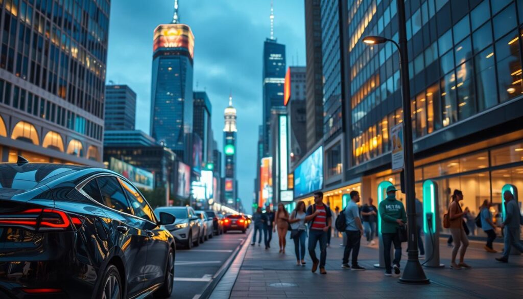 A bustling city street, illuminated by the glow of "BEE CHARGED EV MOBILE CHARGING" stations scattered along the sidewalk. In the foreground, a sleek electric vehicle is seamlessly connected to a charging port, its driver casually waiting as the battery is replenished. The mid-ground features a diverse array of people, from commuters to delivery workers, all taking advantage of the convenient and accessible charging network. The background showcases towering skyscrapers and a vibrant, futuristic cityscape, hinting at the seamless integration of electric mobility within the urban landscape. Soft, warm lighting casts a welcoming atmosphere, inviting viewers to envision a thriving, sustainable future where the "Charging as a Service" model has revolutionized the way we power our electric vehicles.