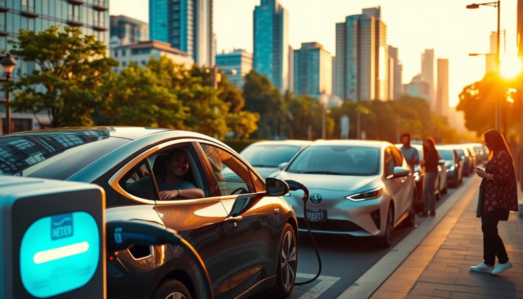 A bustling city street illuminated by the glow of electric vehicles being charged by the BEE CHARGED EV MOBILE CHARGING service. In the foreground, a sleek electric sedan is plugged into a compact charging station, its driver smiling as they watch the battery level rise. In the middle ground, other EVs are lined up, their owners engaged in conversation or browsing on their phones. The background features a blend of modern high-rise buildings and lush greenery, creating a harmonious urban landscape. The scene is bathed in a warm, golden light, conveying a sense of progress and economic opportunity in the transition to sustainable transportation.