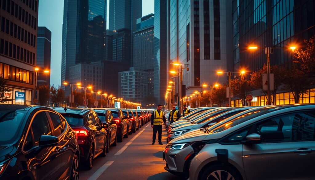 A bustling city street, illuminated by the warm glow of streetlights. In the foreground, a fleet of electric vehicles parked neatly, their batteries being recharged by the BEE CHARGED EV MOBILE CHARGING units. The sleek, modern design of the charging stations contrasts with the urban landscape, conveying a sense of innovation and reliability. In the middle ground, a team of technicians in high-visibility vests, expertly managing the charging process, ensuring a rapid and dependable power delivery. The background features towering skyscrapers, their glass facades reflecting the scene, creating an atmospheric and dynamic composition. The lighting is directional, casting dramatic shadows and highlights, emphasizing the sense of movement and efficiency. The overall mood is one of a well-oiled, high-tech operation, catering to the needs of the city's growing electric vehicle fleet.