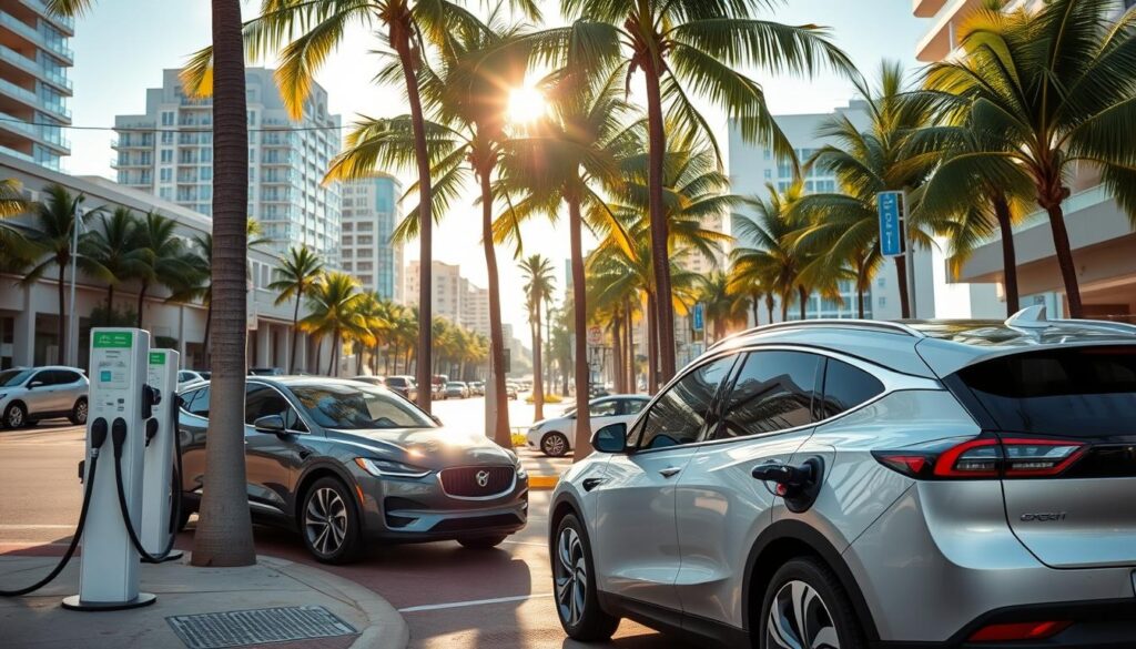 A bustling cityscape in West Palm Beach, Florida, where the streets are lined with sleek electric vehicles charging at state-of-the-art BEE CHARGED EV MOBILE CHARGING stations. The infrastructure is seamlessly integrated, with charging ports discreetly positioned along the sidewalks and in designated parking areas. Sunlight filters through the palm trees, casting a warm glow over the scene, and the buildings in the background reflect the vibrant coastal atmosphere. The charging stations themselves are modern and efficient, with intuitive user interfaces and clear signage, creating a seamless and convenient experience for EV owners. This image perfectly captures the current state of EV charging infrastructure in West Palm Beach, a testament to the city's commitment to sustainable transportation.