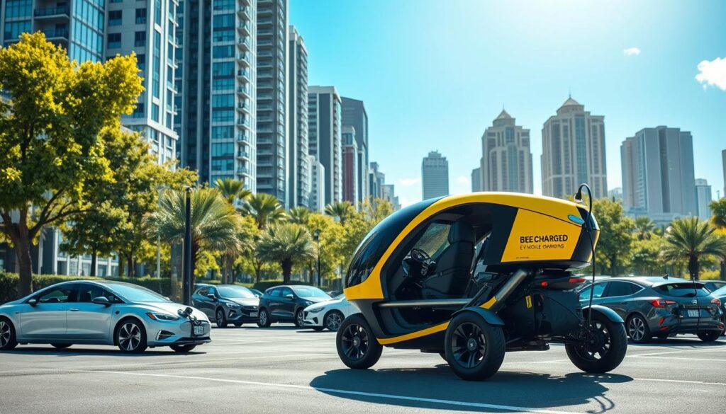 A bustling cityscape with modern high-rise buildings, lush greenery, and a backdrop of a clear blue sky. In the foreground, a sleek and futuristic "BEE CHARGED EV MOBILE CHARGING" vehicle, its vibrant yellow and black design catching the eye. The vehicle's charging station is deployed, showcasing the convenience of on-the-go EV charging solutions. In the middle ground, a diverse array of electric vehicles, from sedans to SUVs, are parked and being charged, reflecting the growing demand for EV adoption. Bright, diffused lighting illuminates the scene, creating a sense of optimism and progress. The overall composition conveys the evolution of transportation, with clean energy and innovative charging solutions taking center stage.