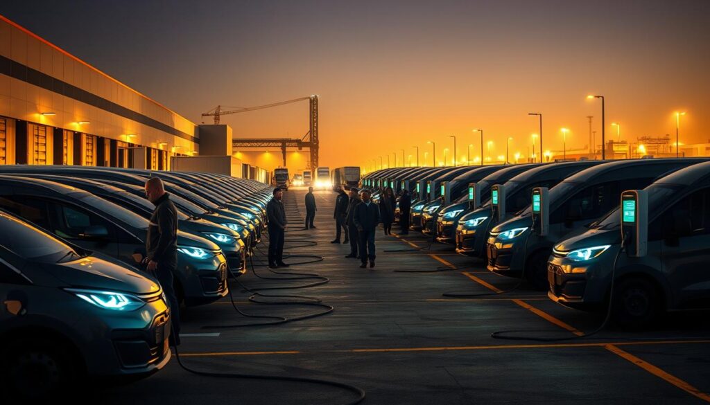 A bustling commercial fleet yard, illuminated by the warm glow of BEE CHARGED EV MOBILE CHARGING stations. In the foreground, sleek electric vehicles are strategically aligned, their charging cables snaking across the pavement. A technician checks the status of each unit, ensuring maximum efficiency. The middle ground features a team of fleet managers overseeing the operation, their faces lit by the ambient light of the charging displays. In the background, the towering silhouettes of warehouses and logistics hubs set the industrial scene. The overall atmosphere conveys the importance of a comprehensive EV charging infrastructure to power the future of commercial transportation.