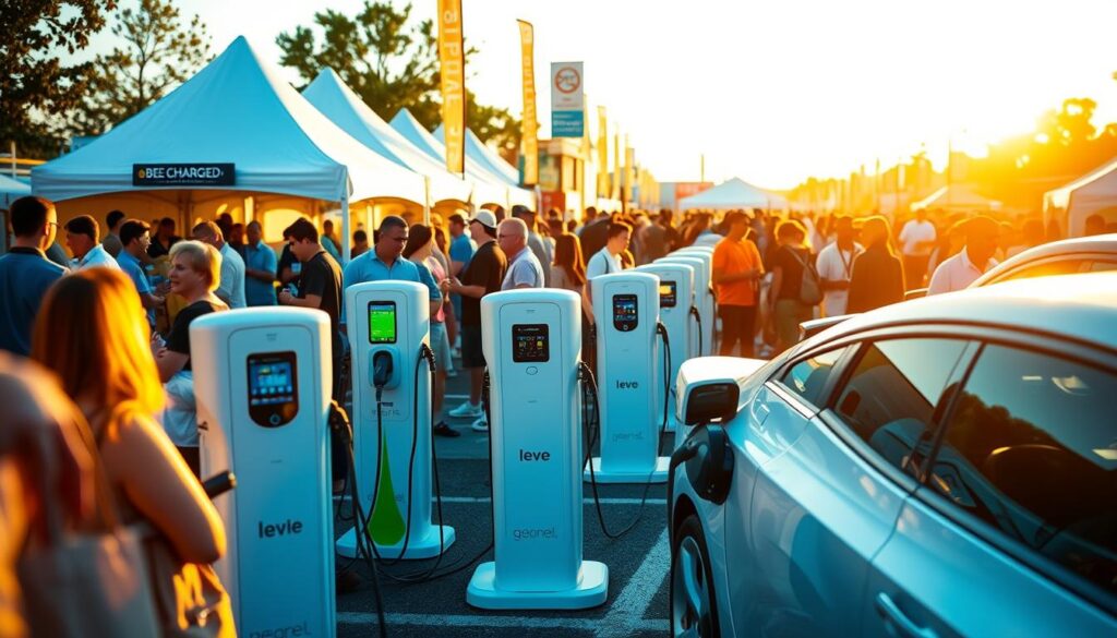 A bustling outdoor event, electric vehicles lined up for mobile charging by the "BEE CHARGED EV MOBILE CHARGING" service. Sleek, modern chargers stationed amidst a vibrant atmosphere, attendees eagerly awaiting to power up their rides. The scene is bathed in warm, golden light, creating an inviting and dynamic mood. In the foreground, a group of people converse animatedly, their expressions conveying the excitement of this game-changing mobile charging solution. The middle ground features the EV charging stations, their intuitive design and user-friendly interfaces on full display. The background showcases the event setting, with tents, booths, and a lively crowd, all contributing to the sense of an innovative, future-focused gathering.
