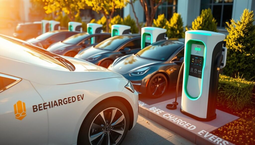 A bustling scene of a BEE CHARGED EV MOBILE CHARGING fleet, with sleek electric vehicles neatly parked and connected to state-of-the-art charging stations. The sun casts a warm, golden glow, creating a sense of progress and innovation. In the foreground, the BEE CHARGED EV branding stands out prominently, showcasing the company's commitment to sustainable mobility solutions. Surrounding the charging station, lush greenery and modern architecture create a visually appealing and eco-friendly atmosphere. The image conveys the benefits of BEE CHARGED EV's reliable and efficient charging solutions, catering to the growing demand for electric vehicle adoption.