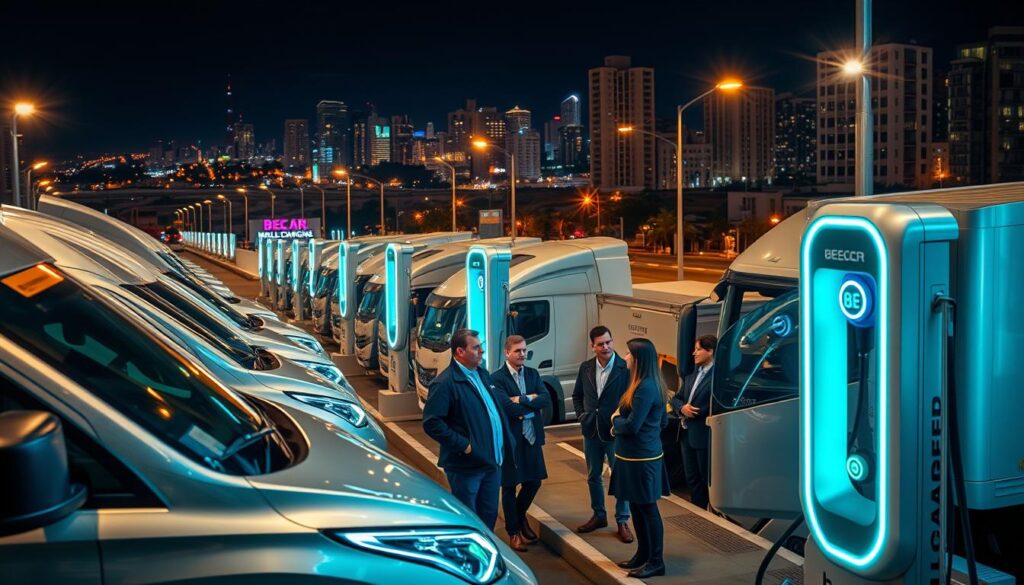 A bustling scene of commercial electric vehicles charging at the "BEE CHARGED EV MOBILE CHARGING" station, their sleek bodies gleaming under the warm glow of strategically placed spotlights. In the foreground, a group of fleet managers and logistics coordinators observe the process with satisfied expressions, discussing the cost savings and environmental impact of their successful EV transition. In the middle ground, the charging stations stand tall, their modular design allowing for quick and efficient power delivery. The background is filled with the vibrant hustle of a thriving urban landscape, underscoring the seamless integration of electric fleets into the modern transportation ecosystem. An atmosphere of progress, innovation, and a brighter, more sustainable future permeates the scene.