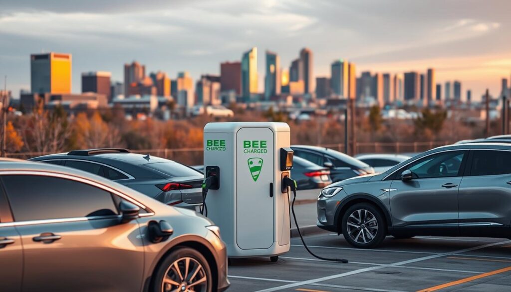 A bustling scene of fleet electric vehicles charging at a state-of-the-art "BEE CHARGED EV MOBILE CHARGING" station in Denver. In the foreground, sleek, silent EVs of various makes and models are plugged into futuristic charging ports, their batteries rapidly replenishing. The middle ground showcases the compact, modular charging units, their vibrant branding and streamlined design catching the eye. In the background, the iconic Denver skyline provides a dynamic urban backdrop, reflecting the city's commitment to sustainable mobility. Warm, diffused lighting bathes the entire scene, creating a sense of efficiency and progress. This cutting-edge fleet charging solution embodies the future of electric transportation in Denver.