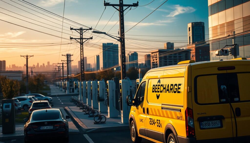 A bustling scene of ongoing EV charging expenses, with a "BEE CHARGED EV MOBILE CHARGING" van prominently in the foreground. The vehicle is positioned at an angle, its sleek design and vibrant yellow hue drawing the eye. Surrounding it, a busy urban landscape comes into focus - power lines, streetlights, and a mix of modern buildings and infrastructure. The lighting is a blend of warm afternoon sunlight and cool shadows, creating a dynamic interplay of tones. In the middle ground, various charging stations are visible, their displays indicating the costs accrued for each connected EV. The background features a cityscape, hinting at the scale and complexity of the EV charging ecosystem. The overall atmosphere conveys a sense of the ongoing, ever-present nature of these charging-related expenses.