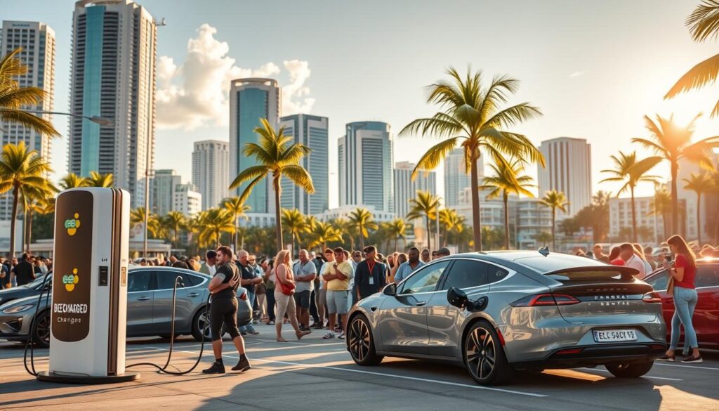 A bustling scene of the grand opening of Broward County's BEE CHARGED EV MOBILE CHARGING service, showcasing a fleet of sleek electric vehicles providing on-the-go power to drivers. In the foreground, a modern charging station stands ready, its colorful branding drawing the eye. In the middle ground, a crowd of excited attendees gathers, capturing the energy and enthusiasm of this innovative service launch. The background features the vibrant cityscape of Broward County, with towering skyscrapers and palm trees swaying in the warm, golden sunlight. The overall atmosphere conveys a sense of progress, sustainability, and community engagement, perfectly capturing the essence of "Broward County EV Mobile Charging Brings 24/7 Roadside Power to S".