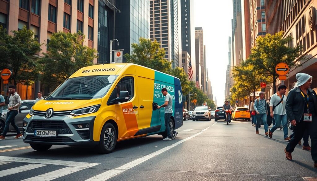 A bustling street in a vibrant city, where a sleek, modern electric vehicle is surrounded by the "BEE CHARGED EV MOBILE CHARGING" service van. The van's vibrant colors and bold branding catch the eye, inviting passersby to experience the convenience of on-demand EV charging. In the foreground, the EV's driver confidently connects the charging cable, while the middle ground showcases the van's state-of-the-art charging equipment. The background is filled with a mix of high-rise buildings and lush greenery, creating a dynamic and energetic atmosphere that reflects the fast-paced nature of urban EV charging. Warm, natural lighting illuminates the scene, highlighting the seamless integration of technology and sustainable mobility.