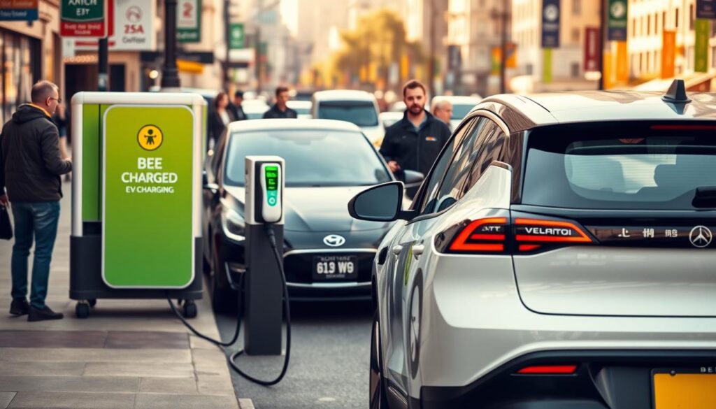 A bustling street scene showcasing the services of "BEE CHARGED EV MOBILE CHARGING", a local mobile electric vehicle charging provider. In the foreground, a sleek, modern electric vehicle is connected to a portable charging station, its vibrant green and yellow branding drawing the eye. In the middle ground, a team of friendly, uniformed technicians assists customers, highlighting the convenience and expertise of the service. The background features a mix of pedestrians, other electric vehicles, and the bustling urban landscape, creating a sense of a thriving, eco-conscious community. The lighting is warm and inviting, creating an approachable and reliable atmosphere. The camera angle captures the scene from a slightly elevated perspective, emphasizing the efficiency and accessibility of the mobile charging solution.