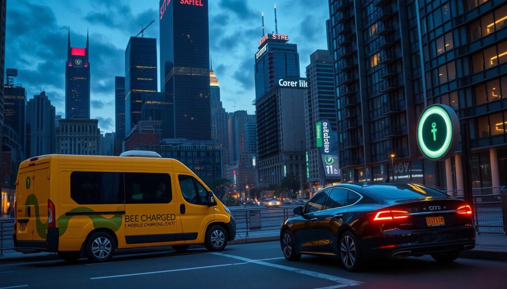 A bustling urban cityscape at dusk, with towering skyscrapers and a maze of streets. In the foreground, a BEE CHARGED EV MOBILE CHARGING van is parked, its vibrant yellow hue contrasting against the dimly lit surroundings. Nearby, a frustrated EV driver struggles to find a charging station, their car's battery indicator blinking low. The scene conveys the challenges faced by urban EV owners, with limited infrastructure and accessibility issues hindering the transition to sustainable mobility. The lighting is atmospheric, casting long shadows and creating a sense of the challenges ahead for the EV revolution.