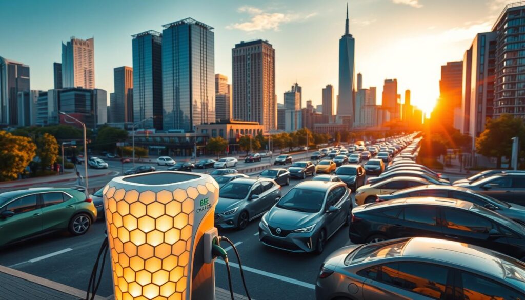 A bustling urban cityscape, bathed in the warm glow of the setting sun. In the foreground, a sleek and futuristic BEE CHARGED EV MOBILE CHARGING station, its distinctive honeycomb-patterned design catching the eye. The station is surrounded by a diverse array of electric vehicles, their owners eagerly connecting their cars to the readily available charging ports. The middle ground features towering skyscrapers and busy streets, showcasing the integration of electric mobility into the heart of the city. In the background, a skyline of modern architecture and lush greenery, hinting at the sustainable and innovative spirit of this urban landscape. The scene exudes a sense of progress, technology, and environmental consciousness, capturing the essence of "The Need for Innovative Charging Solutions" in a visually captivating way.
