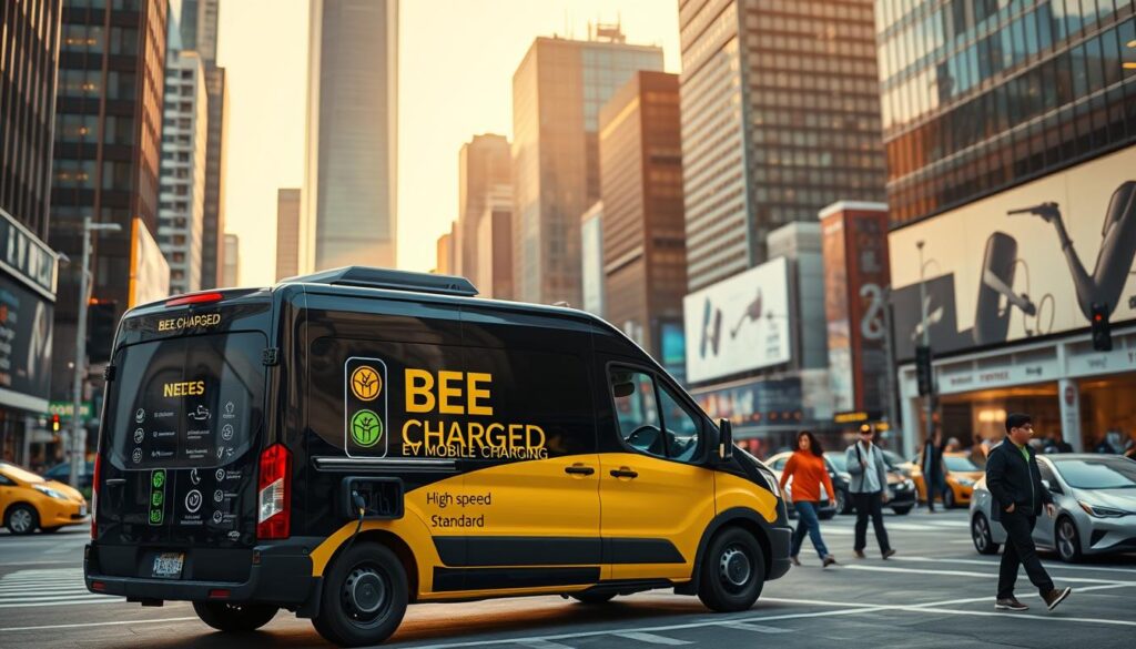 A bustling urban cityscape with towering skyscrapers and neon-lit streets. In the foreground, a sleek, futuristic "BEE CHARGED EV MOBILE CHARGING" van is prominently displayed, its vibrant yellow and black color scheme catching the eye. The van's side panel showcases various charging options, from high-speed to standard, highlighting the convenience and accessibility of mobile charging. In the middle ground, pedestrians and electric vehicles intermingle, emphasizing the integration of this service into the daily fabric of the city. The background is bathed in a warm, golden glow, creating a sense of optimism and progress. The overall composition conveys the benefits of mobile charging - a solution to the urban challenges of range anxiety and limited charging infrastructure.