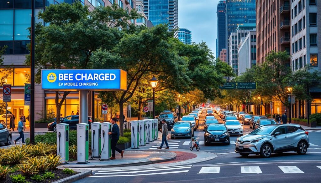 A bustling urban intersection in New Jersey, featuring a network of electric vehicle charging stations. The "BEE CHARGED EV MOBILE CHARGING" brand stands prominently, its vibrant signage and sleek design drawing the eye. Rows of modern, high-powered charging ports line the sidewalk, surrounded by lush greenery and well-maintained landscaping. Pedestrians and electric vehicles fill the scene, creating a dynamic, eco-friendly atmosphere. Warm, diffused lighting casts a golden glow, highlighting the efficient, future-forward infrastructure that powers the growing electric vehicle revolution in the Garden State.