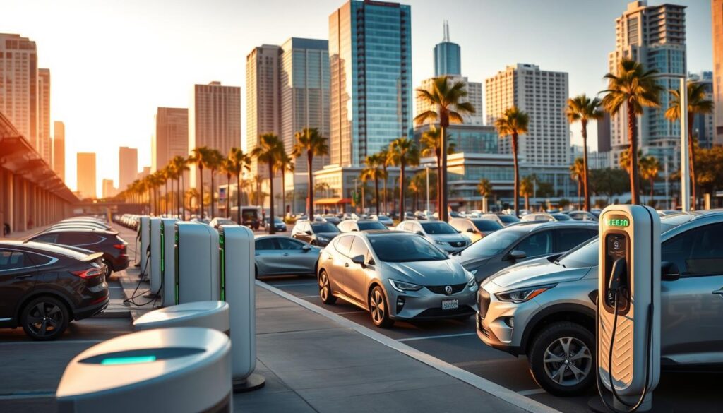 A bustling urban landscape comes alive with a fleet of sleek, electric vehicles charging at cutting-edge "BEE CHARGED EV MOBILE CHARGING" stations. The foreground features a row of futuristic charging ports, their bright LED indicators guiding drivers to convenient plug-in points. In the middle ground, a diverse array of EVs - from compact sedans to rugged SUVs - are juicing up, their streamlined silhouettes reflecting the modern architecture that surrounds them. The background depicts a vibrant cityscape, skyscrapers and palm trees framing the scene, bathed in warm, golden light that creates a sense of efficiency and progress. The overall atmosphere conveys San Diego's commitment to sustainable transportation, offering a glimpse of the future of fleet electrification.