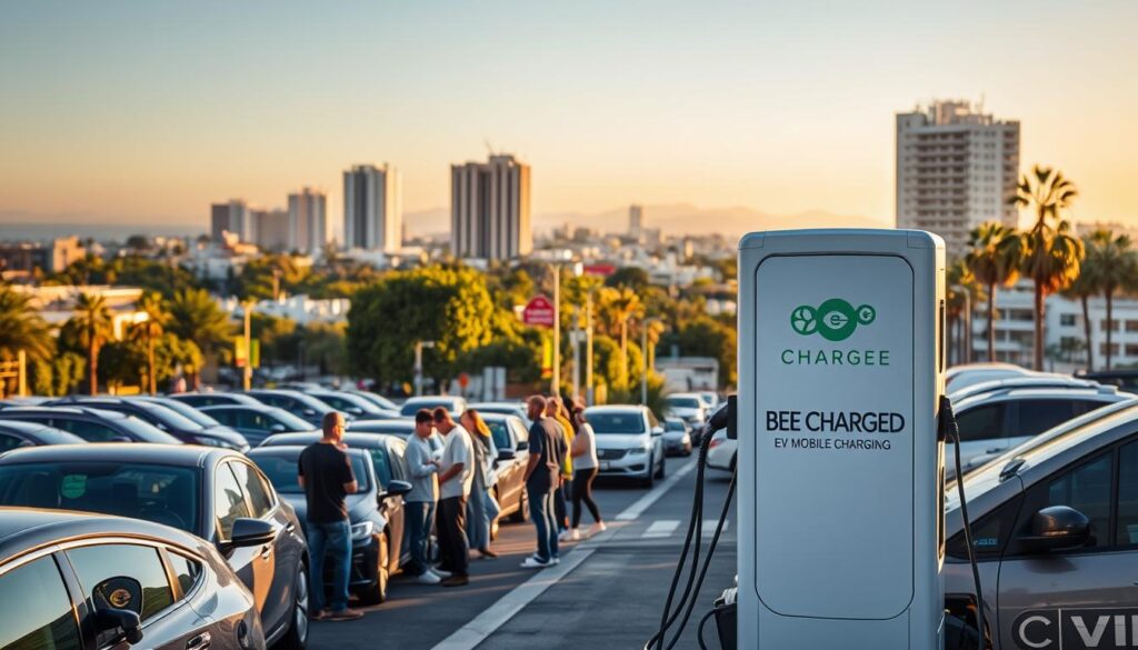 A bustling urban landscape in Orange County, with rows of electric vehicles parked along the streets. In the foreground, a sleek and modern mobile charging station with the bold "BEE CHARGED EV MOBILE CHARGING" branding prominently displayed. Individuals are gathered around the station, their devices plugged in and charging, creating a vibrant scene of the county's thriving EV ecosystem. The middle ground features a mix of high-rise buildings and lush greenery, while the background showcases the iconic California coastline, bathed in warm, golden afternoon light. The overall atmosphere conveys a sense of progress, innovation, and the growing demand for accessible EV charging solutions.