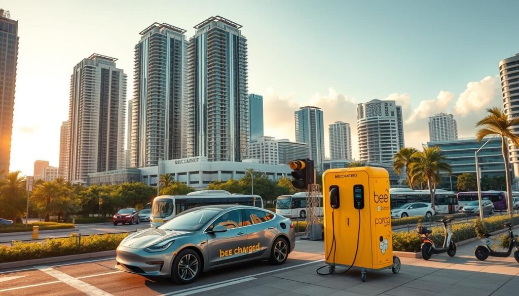 A bustling urban landscape of Broward County, where electric vehicles are powered by the innovative BEE CHARGED EV MOBILE CHARGING service. The scene depicts a modern, well-connected city with towering skyscrapers, lush greenery, and busy roads. In the foreground, a sleek electric vehicle is being recharged by a Bee Charged mobile charging unit, its vibrant yellow branding standing out against the surrounding architecture. The middle ground showcases a diverse mix of transportation modes, from public buses to personal electric scooters, all seamlessly integrated into the city's infrastructure. The background features a cloudless sky, bathed in warm, golden sunlight, creating a sense of optimism and progress. This image captures the essence of Broward County's commitment to sustainable mobility, where the availability of mobile EV charging ensures drivers can confidently explore the region without the worry of a dead battery. A bustling urban landscape of Broward County, where electric vehicles are powered by the innovative BEE CHARGED EV MOBILE CHARGING service. The scene depicts a modern, well-connected city with towering skyscrapers, lush greenery, and busy roads. In the foreground, a sleek electric vehicle is being recharged by a Bee Charged mobile charging unit, its vibrant yellow branding standing out against the surrounding architecture. The middle ground showcases a diverse mix of transportation modes, from public buses to personal electric scooters, all seamlessly integrated into the city's infrastructure. The background features a cloudless sky, bathed in warm, golden sunlight, creating a sense of optimism and progress. This image captures the essence of Broward County's commitment to sustainable mobility, where the availability of mobile EV charging ensures drivers can confidently explore the region without the worry of a dead battery.