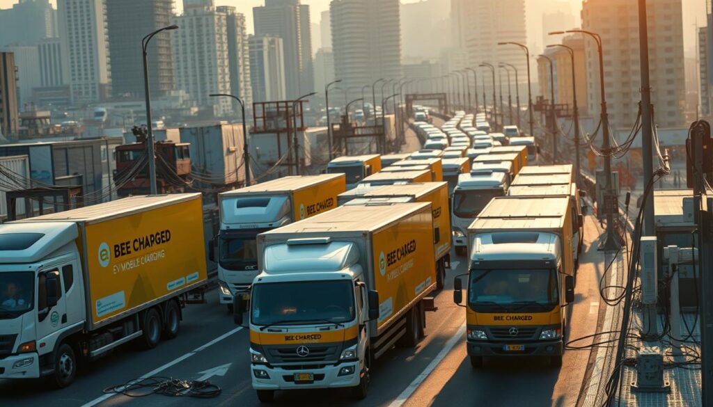 A bustling urban landscape, the streets alive with the hum of electric vehicles. In the foreground, a fleet of delivery trucks, their sleek designs contrasting with the aging infrastructure they navigate. The "BEE CHARGED EV MOBILE CHARGING" service vehicles stand out, their vibrant branding a beacon of hope amidst the challenges of keeping these fleets powered. Tangled cables, sparse charging stations, and frustrated drivers paint a vivid picture of the obstacles fleet managers face in transitioning to sustainable mobility. Dramatic lighting casts long shadows, emphasizing the scale of the problem. This image captures the grit and determination required to overcome the EV charging challenges that threaten to derail the shift towards a greener future.