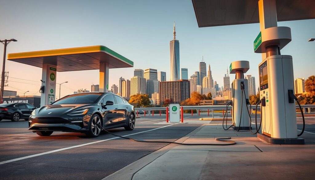 A bustling urban landscape, where traditional gas stations stand side by side with a state-of-the-art BEE CHARGED EV MOBILE CHARGING station. In the foreground, a sleek electric vehicle is plugged into the mobile unit, its charging cable snaking across the pavement. The mid-ground showcases the contrasting designs - the retro-futuristic aesthetic of the mobile charger versus the classic, utilitarian look of the traditional gas pumps. In the background, the city skyline rises, its modern architecture bathed in warm, golden light, hinting at the inevitable shift towards a more sustainable future. The scene captures the essence of progress, as the convenience and accessibility of mobile EV charging challenges the established norms of the automotive industry.