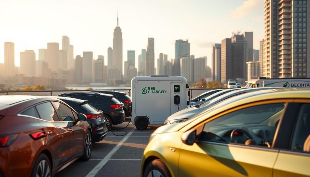 A bustling urban landscape with a fleet of electric vehicles parked at a "BEE CHARGED EV MOBILE CHARGING" station. In the foreground, sleek EVs in various colors are connected to charging ports, their drivers waiting patiently. The middle ground features the mobile charging unit, a compact and futuristic design with the BEE CHARGED branding prominently displayed. The background showcases a city skyline, with towering skyscrapers and a vibrant atmosphere, conveying the growing demand for efficient fleet electrification solutions. Soft, warm lighting illuminates the scene, creating a sense of progress and innovation in the transition to sustainable transportation.