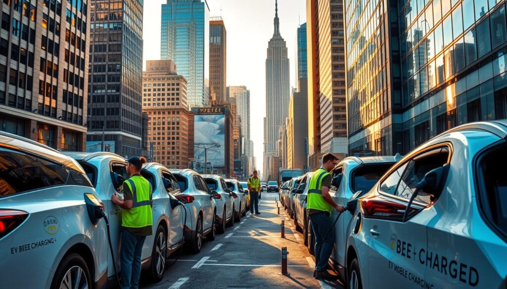 A bustling urban landscape, with towering skyscrapers and busy streets. In the foreground, a fleet of sleek, state-of-the-art electric vehicles adorned with the prominent "BEE CHARGED EV MOBILE CHARGING" branding, their charging ports extended, ready to power up the city's electric fleet. Skilled technicians in high-visibility vests expertly manage the charging stations, ensuring a seamless and efficient experience for drivers. The scene is bathed in a warm, golden light, conveying a sense of energy and progress. In the background, the iconic skyline of New York City stands as a testament to the city's commitment to sustainable transportation. This image captures the leading role of mobile EV charging providers in powering the electric revolution in the heart of the Big Apple.
