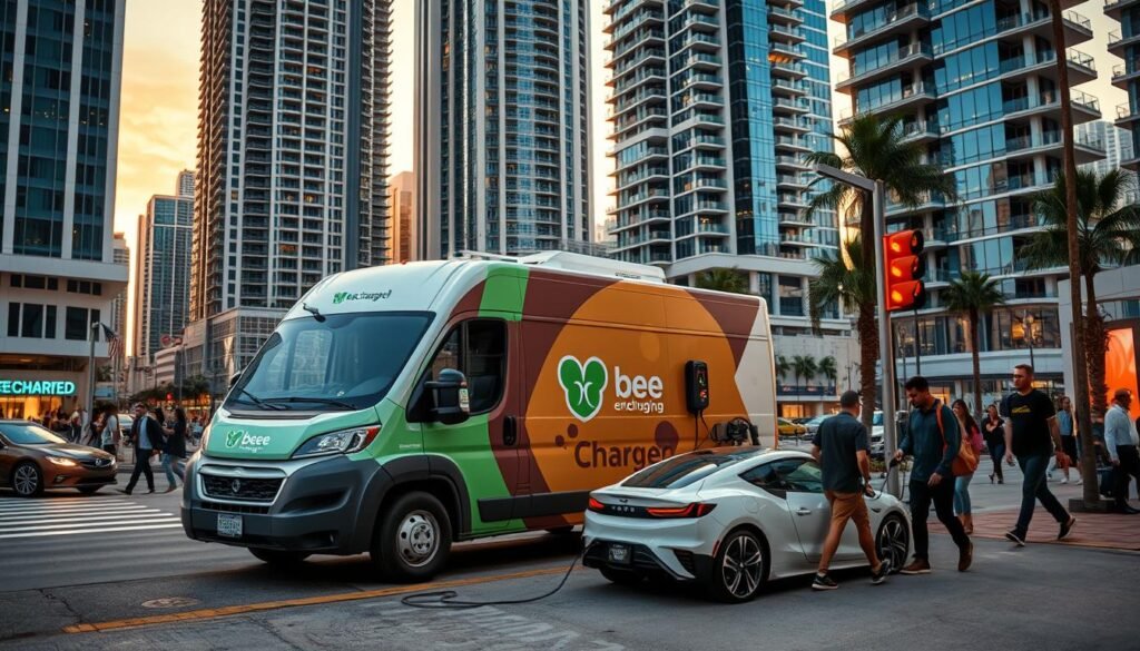 A bustling urban scene in downtown Miami, where a sleek and modern BEE CHARGED EV MOBILE CHARGING van is parked on the curb, its vibrant branding standing out against the backdrop of towering skyscrapers. The vehicle's charging cables are deployed, connecting to a stranded electric vehicle on the street, as a team of technicians efficiently work to provide emergency power. Pedestrians and passersby take notice, captivated by the sight of the on-demand charging solution in action, against a warm, golden-hour glow that bathes the entire scene in an atmospheric, cinematic light.