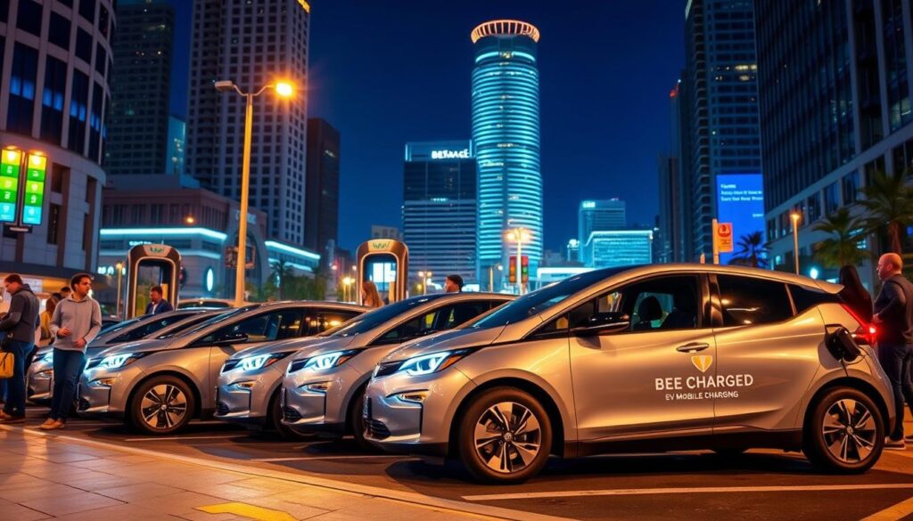 A bustling urban scene with a fleet of modern, sleek electric vehicles prominently displayed. The BEE CHARGED EV MOBILE CHARGING logo is prominently displayed on the sides of the vehicles, conveying a sense of professionalism and reliability. The vehicles are parked in a well-lit, city street setting, with skyscrapers and other buildings in the background, suggesting a metropolitan environment. The lighting is warm and inviting, creating a sense of energy and dynamism. The vehicles are surrounded by people, both pedestrians and other EV owners, engaged in the charging process, reflecting the growing demand for mobile EV charging services in San Diego. The overall atmosphere is one of progress, innovation, and environmental responsibility.