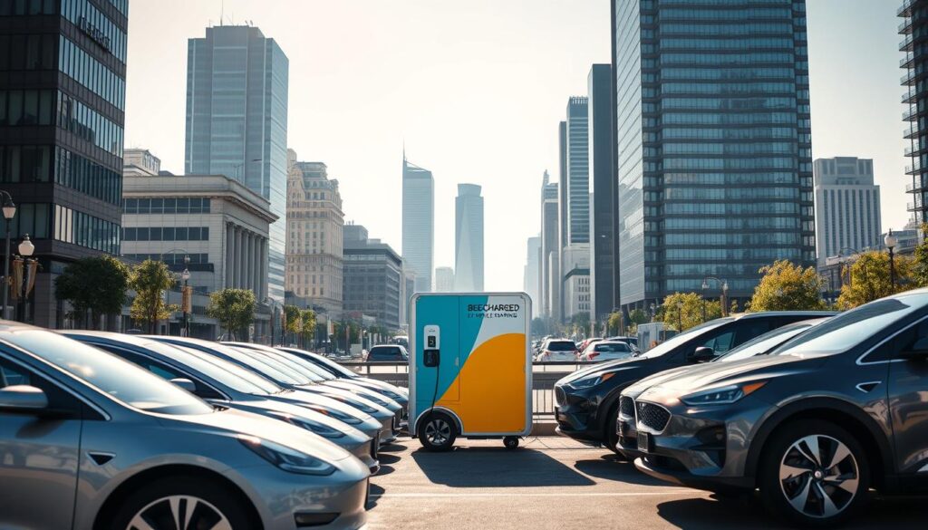 A bustling urban scene, with a fleet of sleek electric vehicles parked in the foreground. In the middle ground, a "BEE CHARGED EV MOBILE CHARGING" unit stands ready, its vibrant branding and advanced charging technology on full display. The background features a cityscape of modern high-rises, streetlamps, and a clear, bright sky, conveying a sense of innovation and progress. The lighting is crisp and directional, highlighting the clean lines and cutting-edge design of the electric vehicles and the mobile charging unit. The overall atmosphere is one of efficiency, sustainability, and a vision for the future of urban transportation.