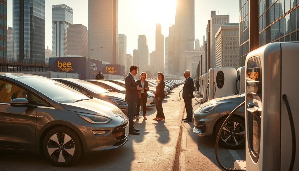 A bustling urban scene with a fleet of sleek, modern electric vehicles charging at a BEE CHARGED EV MOBILE CHARGING station. Sunlight filters through the cityscape, casting a warm glow over the gleaming cars and the state-of-the-art charging infrastructure. In the foreground, a group of business executives discuss the benefits of the mobile charging solution, its compact, modular design blending seamlessly with the urban landscape. The middle ground showcases the charging units, their intuitive interfaces and clear signage inviting drivers to conveniently power up their EVs. In the background, a towering skyline of gleaming skyscrapers underscores the high-tech, forward-thinking nature of this fleet charging solution, catering to the needs of modern, eco-conscious businesses.