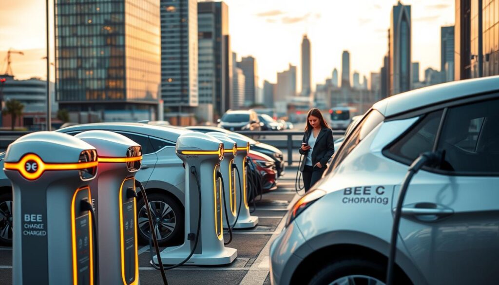 A bustling urban scene with sleek electric vehicles parked at a state-of-the-art BEE CHARGED EV MOBILE CHARGING station. The foreground features the branded charging units, their LED lights casting a warm glow over the futuristic, chrome-accented designs. In the middle ground, EV drivers are plugging in their cars, their faces lit with anticipation as they monitor the charging progress on their smartphones. The background showcases the vibrant city skyline, with skyscrapers and infrastructure in the distance, all bathed in a soft, golden hour lighting that creates an atmosphere of innovation and progress. The overall scene conveys the seamless integration of electric mobility and advanced charging technology, perfectly capturing the essence of "Fleet and Commercial EV Charging Services".