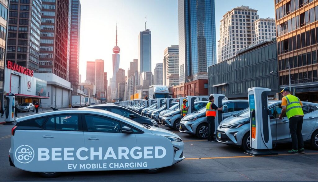 A bustling urban setting, with a fleet of modern electric vehicles strategically positioned for seamless charging. In the foreground, the "BEE CHARGED EV MOBILE CHARGING" brand stands out, its sleek design and vibrant colors commanding attention. Technicians in high-visibility uniforms expertly connect the vehicles to the state-of-the-art charging stations, ensuring maximum efficiency and convenience for the businesses relying on this mobile solution. The middle ground showcases a diverse array of commercial and industrial buildings, reflecting the varied needs of the local community. In the background, a cityscape of towering skyscrapers and a clear, sunlit sky create a sense of progress and innovation. The overall scene conveys a future-forward, environmentally-conscious approach to fleet management, catering to the growing demand for reliable, on-demand EV charging solutions.