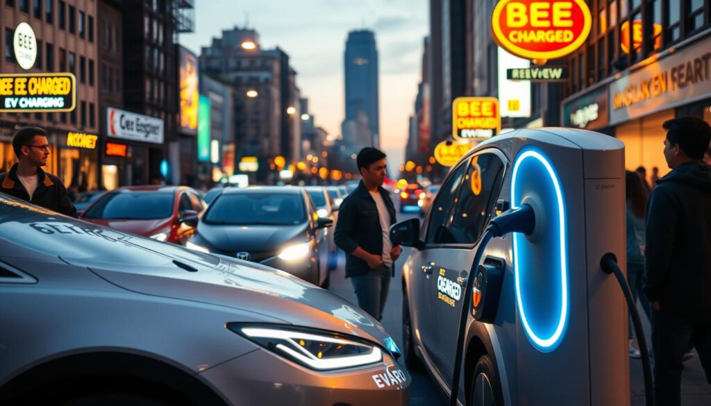 A bustling urban street at dusk, the warm glow of streetlights and neon signs casting a cozy ambiance. In the foreground, a sleek, modern electric vehicle is being serviced by the "BEE CHARGED EV MOBILE CHARGING" service, its technicians expertly connecting the charging cables. The vehicle's owner, a young professional, watches with satisfaction as their EV's battery is replenished. In the middle ground, other EVs are parked, their drivers eagerly awaiting their turn. The background is filled with the silhouettes of high-rise buildings, a testament to the urban setting. The lighting is soft and diffused, emphasizing the convenience and accessibility of this mobile charging solution.