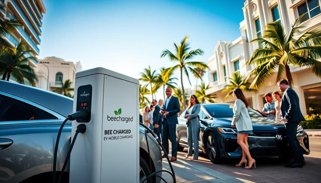 A bustling urban street in Miami showcasing innovative mobile EV charging infrastructure. In the foreground, a sleek electric vehicle being charged via a state-of-the-art mobile charging unit emblazoned with "BEE CHARGED EV MOBILE CHARGING." The charging unit is compact and modern, featuring LED displays and connectors. In the middle ground, a diverse group of individuals in professional business attire is engaging with the charging technology, demonstrating a blend of convenience and sustainability. The background features palm trees and art deco architecture, characteristic of Miami, under a bright blue sky. Soft sunlight casts warm shadows, creating an inviting atmosphere that emphasizes innovation and eco-friendliness. The angle is slightly elevated, providing a comprehensive view of the scene without any text or watermarks. A bustling urban street in Miami showcasing innovative mobile EV charging infrastructure. In the foreground, a sleek electric vehicle being charged via a state-of-the-art mobile charging unit emblazoned with "BEE CHARGED EV MOBILE CHARGING." The charging unit is compact and modern, featuring LED displays and connectors. In the middle ground, a diverse group of individuals in professional business attire is engaging with the charging technology, demonstrating a blend of convenience and sustainability. The background features palm trees and art deco architecture, characteristic of Miami, under a bright blue sky. Soft sunlight casts warm shadows, creating an inviting atmosphere that emphasizes innovation and eco-friendliness. The angle is slightly elevated, providing a comprehensive view of the scene without any text or watermarks.