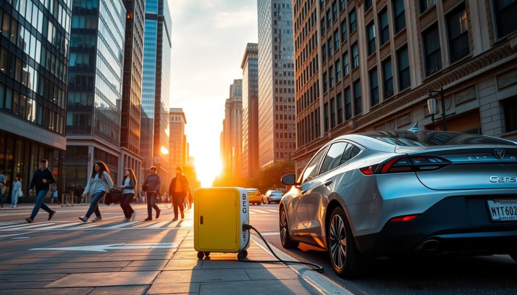 A bustling urban street in Ohio, showcasing the innovative "BEE CHARGED EV MOBILE CHARGING" service. In the foreground, a sleek electric vehicle is parked, its charging port connected to a compact, brightly colored mobile charging unit. The mid-ground features pedestrians and commuters going about their day, intrigued by this convenient on-demand charging solution. The background depicts a mix of modern high-rises and historic buildings, bathed in warm, golden-hour lighting that creates a welcoming, metropolitan atmosphere. The scene conveys the seamless integration of electric mobility and accessible charging infrastructure, addressing the needs of EV drivers in Ohio.