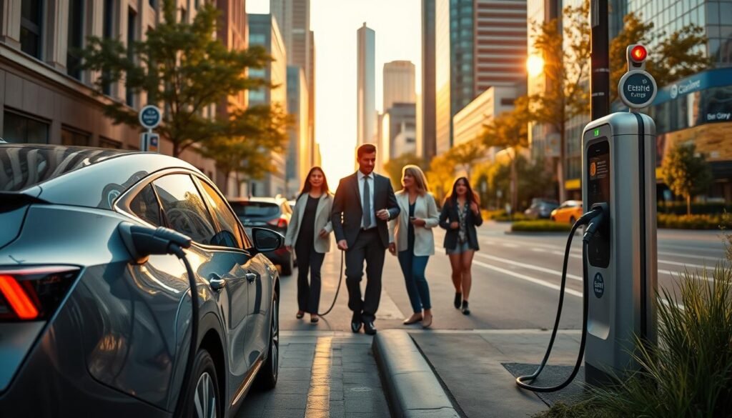 A bustling urban street scene illustrating innovative curbside charging solutions for electric vehicles. In the foreground, a modern electric vehicle is plugged into a sleek, smart charging station prominently branded with "BEE CHARGED EV MOBILE CHARGING." The vehicle gleams under soft, ambient lighting, highlighting its design. In the middle ground, residents, dressed in professional business attire and modest casual clothing, interact with the charging station, showcasing a sense of community and engagement. The background features a vibrant cityscape with skyscrapers and greenery, bathed in warm, golden hour sunlight. The atmosphere is optimistic and forward-thinking, emphasizing sustainability and technology in urban living. Focused, wide-angle view captures depth and invites the viewer into the scene. A bustling urban street scene illustrating innovative curbside charging solutions for electric vehicles. In the foreground, a modern electric vehicle is plugged into a sleek, smart charging station prominently branded with "BEE CHARGED EV MOBILE CHARGING." The vehicle gleams under soft, ambient lighting, highlighting its design. In the middle ground, residents, dressed in professional business attire and modest casual clothing, interact with the charging station, showcasing a sense of community and engagement. The background features a vibrant cityscape with skyscrapers and greenery, bathed in warm, golden hour sunlight. The atmosphere is optimistic and forward-thinking, emphasizing sustainability and technology in urban living. Focused, wide-angle view captures depth and invites the viewer into the scene.