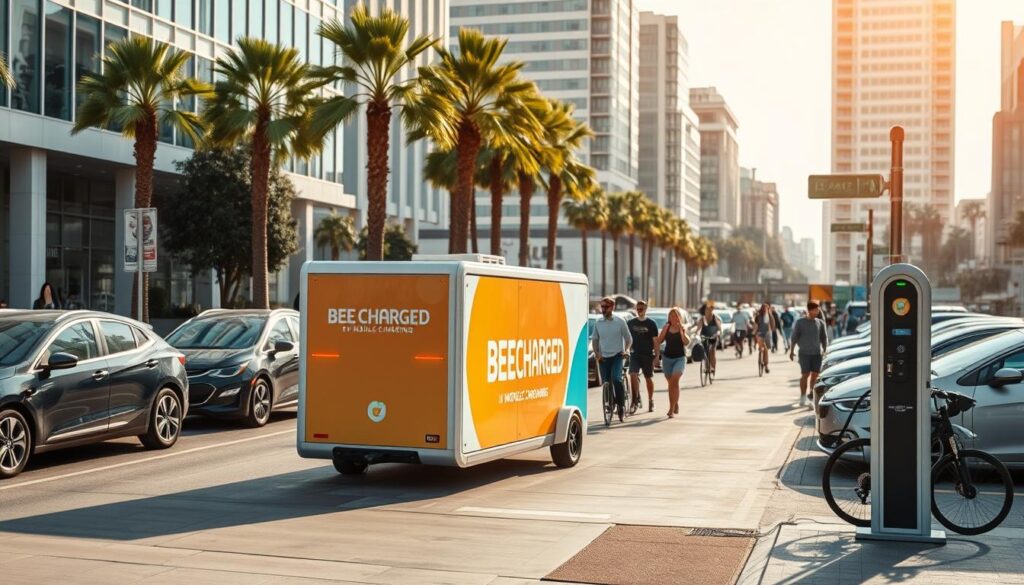 A bustling urban street scene, the heart of San Diego's mobile EV charging revolution. In the foreground, a sleek BEE CHARGED EV MOBILE CHARGING unit, its vibrant branding catching the eye. Parked EVs line the curb, drivers eagerly awaiting their turn to power up. The middle ground teems with pedestrians and bicyclists, reflecting the city's commitment to sustainable mobility. In the background, modern high-rises and palm trees set the stage, bathed in warm California sunlight. A sense of progress and innovation permeates the air, as this mobile charging service meets the growing demand for on-the-go EV support. The image conveys the dynamic, forward-thinking spirit driving San Diego's embrace of the mobile EV charging market.