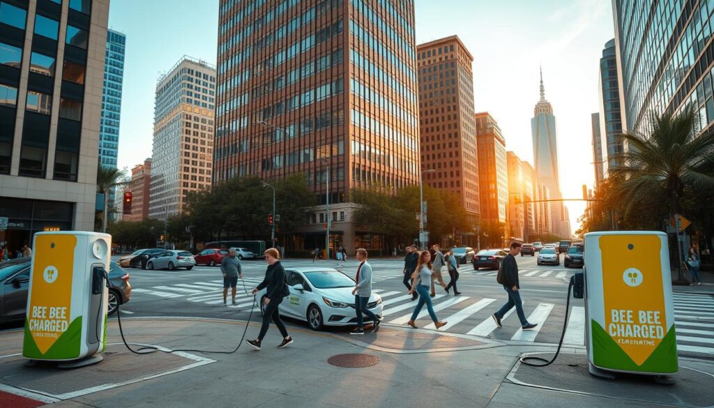 A busy urban intersection in Ohio, bustling with BEE CHARGED EV MOBILE CHARGING stations. Sleek, modern charging pods stand out against the backdrop of high-rise buildings, their vibrant branding capturing the eye. Pedestrians weave between the stations, some plugging in their electric vehicles, others passing by. Warm, natural lighting bathes the scene, creating a sense of energy and progress. The image conveys the growing infrastructure supporting mobile EV charging in the state, enabling drivers to charge on the go and embracing a sustainable future.