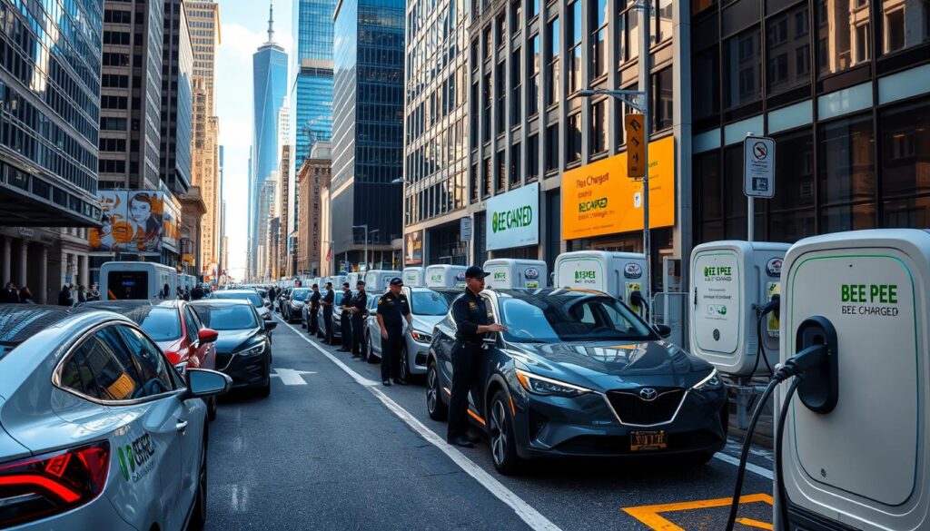 A busy urban street scene with an array of reliable mobile EV charging providers, including the BEE CHARGED EV MOBILE CHARGING brand prominently displayed. The foreground features a fleet of sleek electric vehicles being charged by the mobile units, their bright logos and signage catching the eye. In the middle ground, uniformed technicians expertly operate the charging equipment, conveying a sense of professionalism and efficiency. The background showcases the vibrant cityscape, with skyscrapers and infrastructure complementing the futuristic, sustainable energy theme. Crisp, high-contrast lighting and a wide-angle lens capture the dynamic scene, exuding a mood of innovation, trust, and dependability for mobile EV charging services.