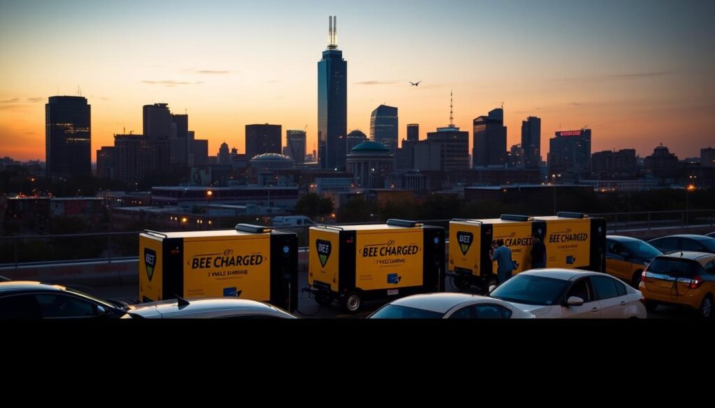 A city skyline at dusk, with the iconic skyline of Atlanta in the background. In the foreground, a fleet of "BEE CHARGED EV MOBILE CHARGING" vehicles are stationed, their bright yellow and black colors standing out against the dusky hues. The vehicles are surrounded by a group of electric vehicles, their owners interacting with the mobile charging stations. The scene is bathed in a warm, golden light, creating a sense of technological innovation and sustainable energy. The prompt aims to capture the efficiency and convenience of mobile EV charging in Atlanta, GA, enticing the viewer to learn more about this innovative solution.