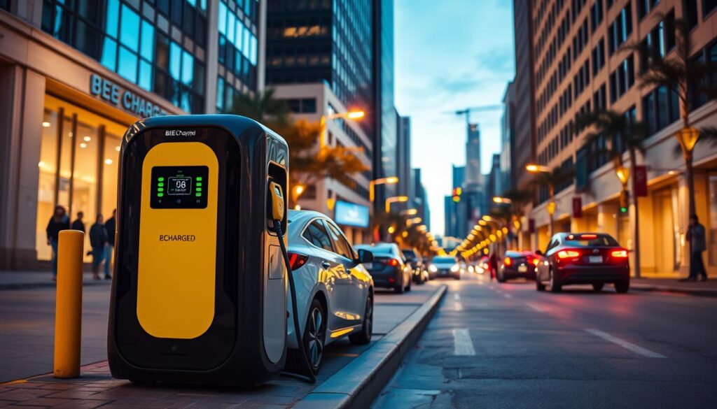 A city street at dusk, with a sleek and modern BEE CHARGED EV MOBILE CHARGING station parked on the curb, its vibrant yellow and black colors catching the eye. The station's charging ports are in use, powering up electric vehicles nearby. The scene is illuminated by warm, golden streetlights, casting a soft glow over the surrounding buildings and passersby. In the background, the Houston skyline is visible, hinting at the urban setting. The overall atmosphere conveys a sense of efficiency, accessibility, and the growing adoption of electric mobility in the city.