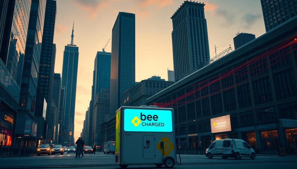 A cityscape at dusk, with towering skyscrapers and bustling streets. In the foreground, a BEE CHARGED EV MOBILE CHARGING unit stands out, its sleek design and bright branding illuminated by warm, golden lighting. However, looming over it are imposing bureaucratic structures, represented by tall, gray government buildings and a maze of red tape and forms. The scene conveys a sense of struggle and the regulatory hurdles faced by this innovative mobile EV charging service as it seeks to navigate the urban landscape. The lighting and composition create a dramatic, cinematic atmosphere, capturing the challenges and tensions inherent in this disruptive technology's integration into the city.