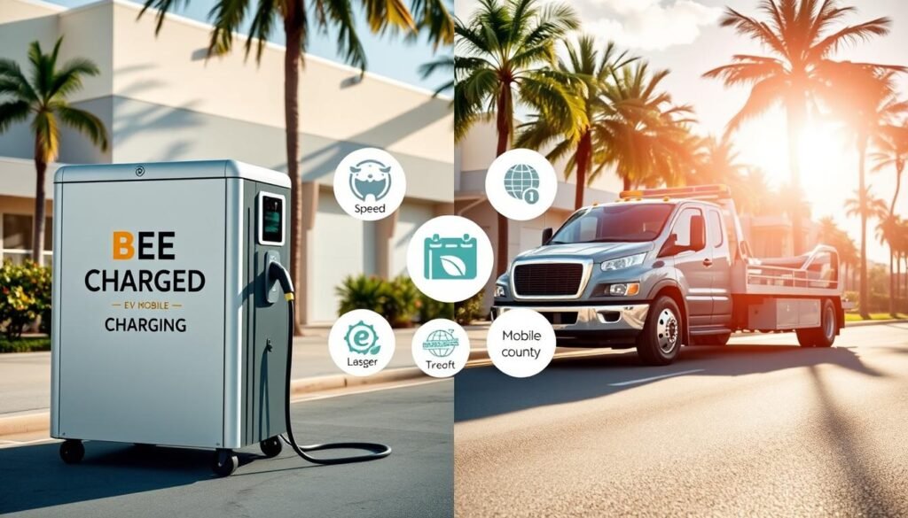 A clean and informative split-screen image illustrating the benefits of mobile EV charging compared to traditional towing. In the foreground, on the left, depict a mobile EV charging unit branded with "BEE CHARGED EV MOBILE CHARGING" in a sleek, modern design, with a visible charging cable connecting to a parked electric vehicle, emphasizing efficiency and convenience. On the right, show a traditional tow truck with a vehicle being towed, illustrating a longer, less convenient process. In the middle, include graphical icons representing key benefits such as speed, ease of use, and eco-friendliness, subtly blending into the background. The background should be a sunny Broward County street scene, highlighting a vibrant atmosphere. Use bright, natural lighting to enhance the optimistic mood, captured at a dynamic angle that draws viewers' attention. A clean and informative split-screen image illustrating the benefits of mobile EV charging compared to traditional towing. In the foreground, on the left, depict a mobile EV charging unit branded with "BEE CHARGED EV MOBILE CHARGING" in a sleek, modern design, with a visible charging cable connecting to a parked electric vehicle, emphasizing efficiency and convenience. On the right, show a traditional tow truck with a vehicle being towed, illustrating a longer, less convenient process. In the middle, include graphical icons representing key benefits such as speed, ease of use, and eco-friendliness, subtly blending into the background. The background should be a sunny Broward County street scene, highlighting a vibrant atmosphere. Use bright, natural lighting to enhance the optimistic mood, captured at a dynamic angle that draws viewers' attention.