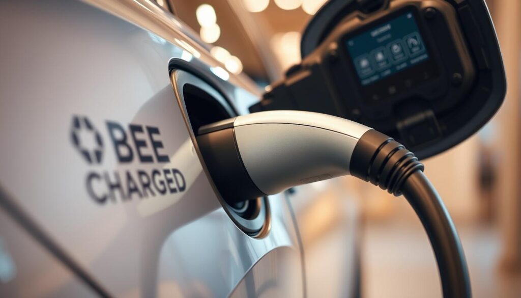 A close-up view of the mobile charging process for an electric vehicle, showcasing the "BEE CHARGED EV MOBILE CHARGING" brand. The scene depicts the charging cable being plugged into the vehicle's charging port, with a gleaming metallic surface reflecting the light. The background is blurred, drawing the viewer's attention to the intricate details of the charging mechanism. The lighting is soft and diffused, creating a sense of warmth and efficiency. The composition emphasizes the seamless integration of the charging process, hinting at the convenience and reliability of the "BEE CHARGED EV MOBILE CHARGING" service.