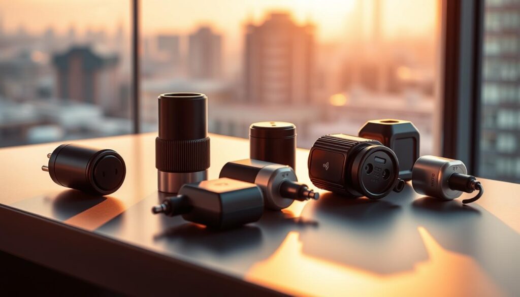 A collection of BEE CHARGED EV MOBILE CHARGING adapters in various shapes and sizes, resting on a sleek, modern desk. The adapters are illuminated by warm, directional lighting, casting dramatic shadows that emphasize their contours and textures. In the background, a blurred urban cityscape suggests the real-world context in which these charging solutions are used. The overall mood is one of technological sophistication and practical functionality, capturing the essence of the "new speed bump for EV owners" that the article aims to explore.