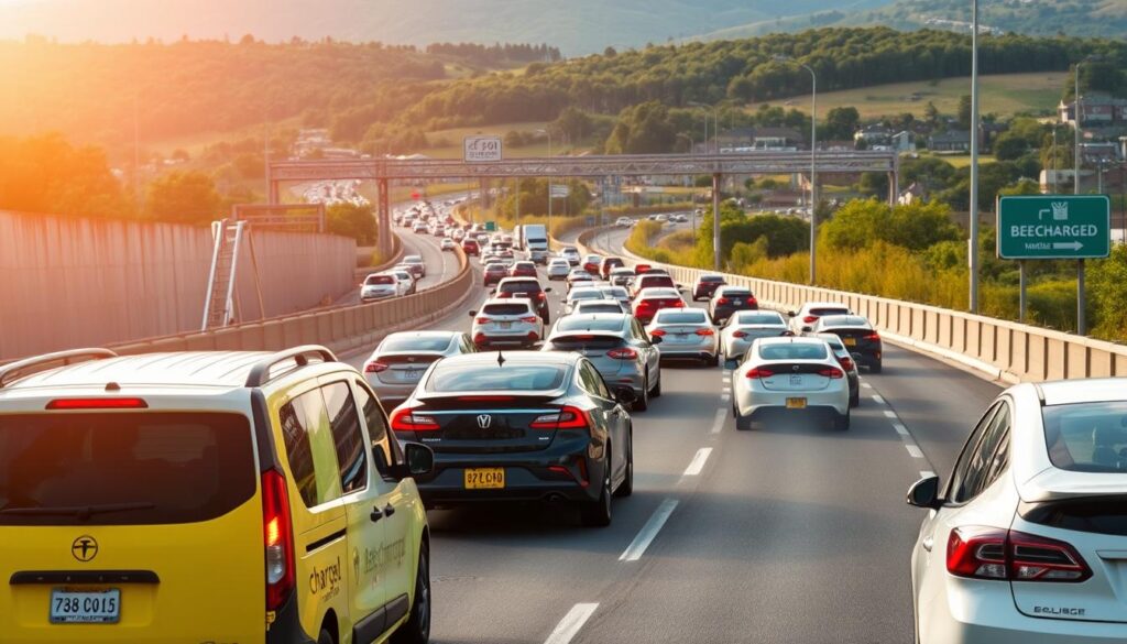 A congested highway in Maryland, with electric vehicles dotting the gridlock. The sun casts a warm glow, but the battery indicators on the EVs are alarmingly low. In the foreground, a "BEE CHARGED EV MOBILE CHARGING" van navigates the traffic, its sleek design and bright colors standing out against the drab surroundings. The middle ground features a mix of traditional gasoline-powered cars and electric models, all struggling to move forward. The background showcases the typical Maryland landscape - rolling hills, lush greenery, and the occasional office building or residential neighborhood. The overall atmosphere conveys a sense of growing need for on-demand mobile EV charging solutions to alleviate the strain on drivers and the environment.