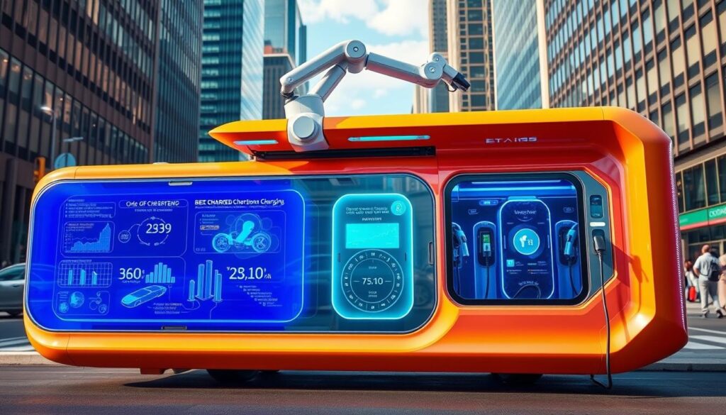A cutting-edge mobile charging station from the BEE CHARGED EV MOBILE CHARGING brand, showcasing a sleek, futuristic design with a vibrant, eye-catching exterior. The station features multiple charging ports, enabling simultaneous charging of multiple electric vehicles. Futuristic holographic displays provide real-time data and intuitive controls, while a robotic arm extends to effortlessly connect charging cables. The station is situated in a vibrant urban setting, surrounded by skyscrapers and bustling city life, conveying a sense of innovation and progress in the EV charging landscape.