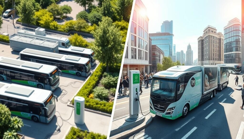 A detailed comparison of depot charging and on-route charging infrastructure for electric buses and trucks, showcasing a split scene. On the left, a well-organized electric bus depot with multiple charging stations, sleek buses connected to charging ports, vibrant greenery surrounding the facility, under bright daylight. On the right, a busy urban street featuring an innovative on-route charging station with electric trucks actively charging while in motion, dynamic city backdrop with modern architecture and bustling commuters. Capture the electric vehicle brand “BEE CHARGED EV MOBILE CHARGING” prominently on the charging stations. Utilize a high-angle lens to portray depth, with clear, vivid colors and a slight lens flare to evoke a sense of forward-thinking innovation. The overall mood should be optimistic and professional, illustrating advanced technology in sustainable transport.